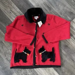 NWT Crystal Kobe red Scottie dog cardigan sweater  fur collar fuzzy Sz S